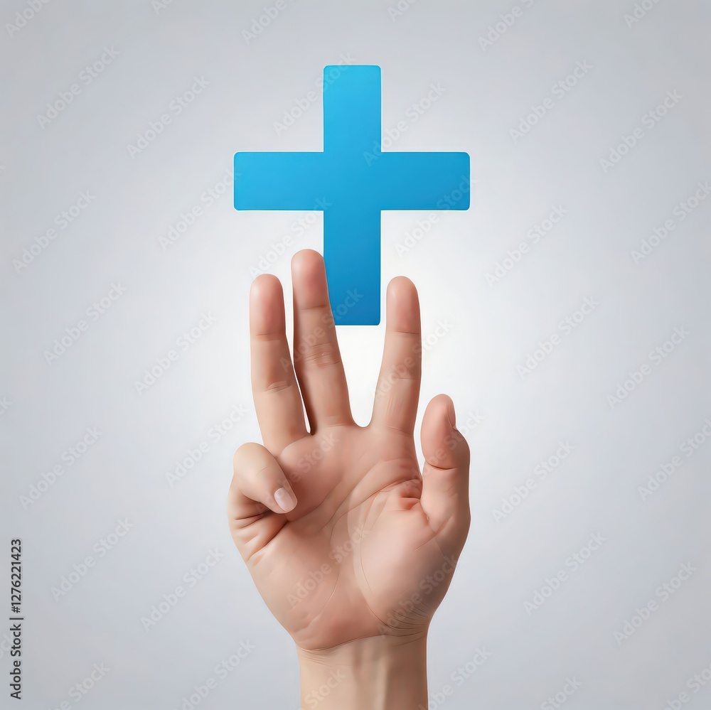 Hand Holding Blue Plus Sign Against Light Gray Background with Soft Focus Hand Holding Blue Plus Sign Against Light Gray Background with Soft Focus