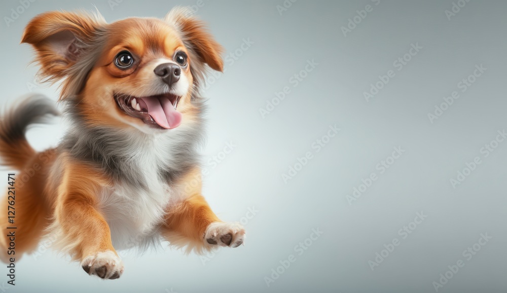 Happy Chihuahua Dog Jumping in the Air Against a Soft Blue Background with Excited Expression and Playful Nature Happy Chihuahua Dog Jumping in the Air Against a Soft Blue Background with Excited Expression and Playful Nature
