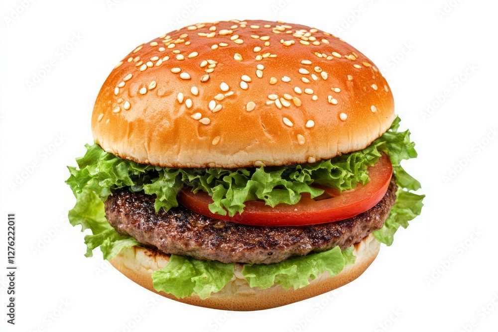Cheeseburger on white background with lettuce and tomato. Artificial Intelligence Cheeseburger on white background with lettuce and tomato. Artificial Intelligence