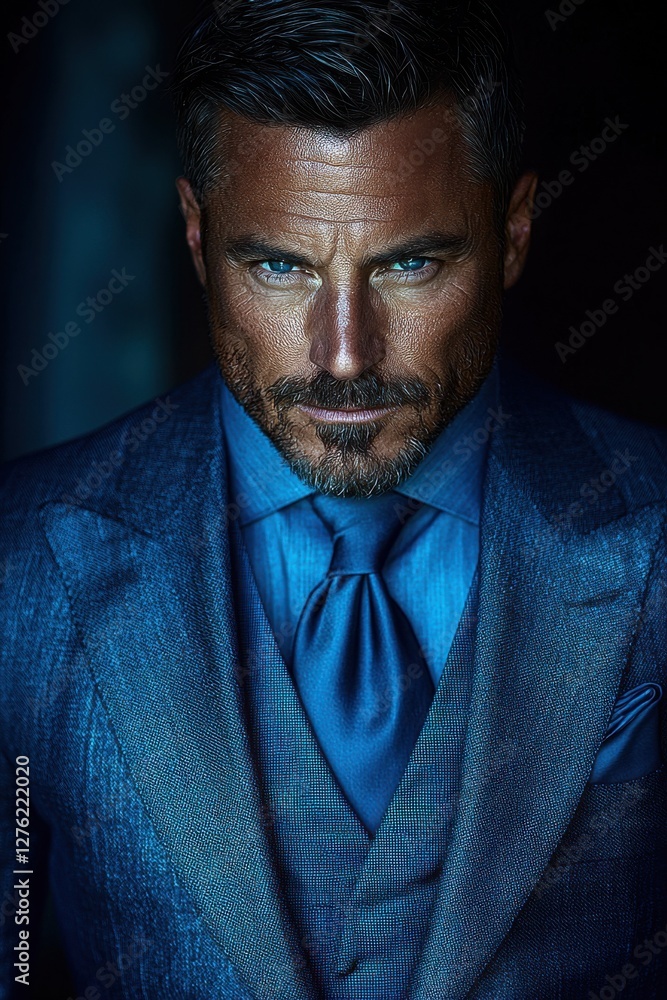 Bold man in tailored suit poses confidently against dark background in a stylish and elegant manner Bold man in tailored suit poses confidently against dark background in a stylish and elegant manner