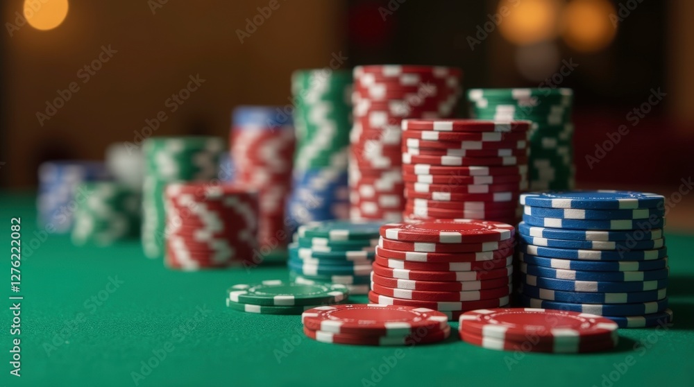 A vibrant display of stacks of casino chips for roulette and poker A vibrant display of stacks of casino chips for roulette and poker