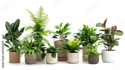 Collection of houseplants in flowerpots isolated on white background.