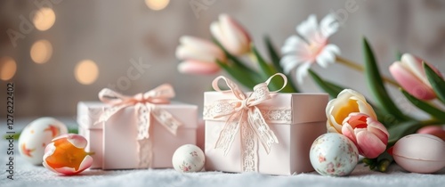 Delicate gift boxes, decorated eggs and fresh tulips create a soft, romantic, and festive atmosphere.
