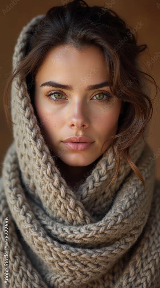a model's face elegantly wrapped in a luxurious wool scarf, highlighting the intricate weave and texture of the fabric a model's face elegantly wrapped in a luxurious wool scarf, highlighting the intricate weave and texture of the fabric