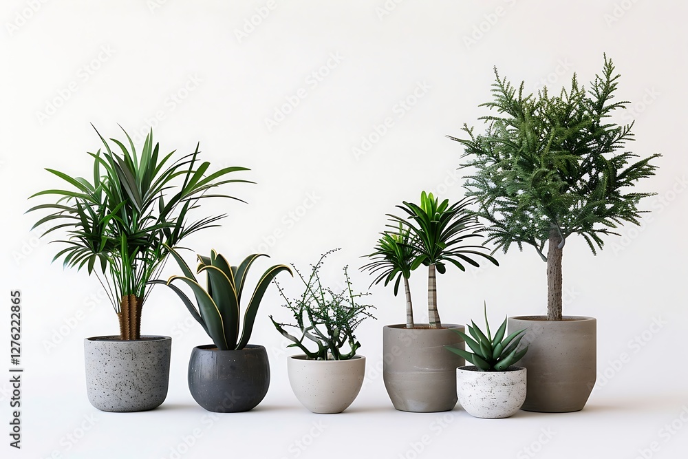 Fototapeta premium Collection of houseplants in flowerpots isolated on white background.