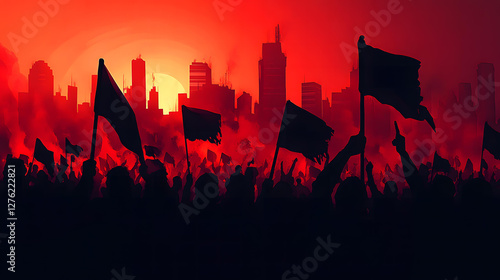 Fiery Protest in the City at Sunset A Crowd of Silhouetted Figures Waves Flags Against a Red Sky