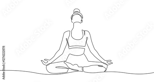 Woman Lotus Yoga Pose Line Art Drawing. Female Yoga Relax Sketch Linear Drawing. Abstract Minimal Female Meditation Silhouette Vector Illustration. Lotus Pose Trendy Contour Drawing