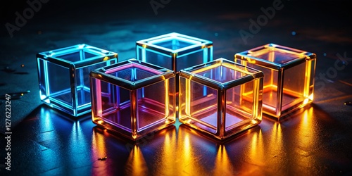 Illuminated Geometric Cubes on Black Background - Abstract Night Photography