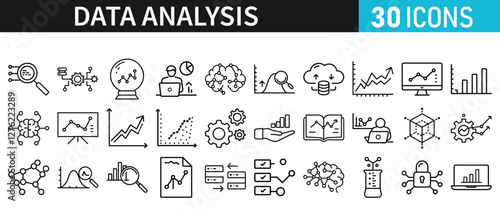 Data analysis set of icons for web. Data analytics icons in liner style. Bar Graphs, information, analysis, processing, research network collection, statistics, analytics, collection
