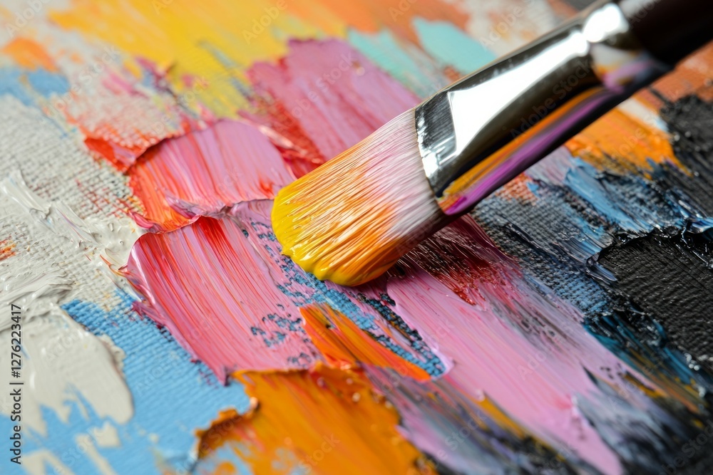 Obraz premium Close-up of colorful paint brushstrokes on canvas. Artificial Intelligence