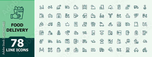 Food Delivery icon collection. Featuring online, lunch, food delivery servi, deliver, food and more. Set of line pictogram. Minimalist editable vector stroke.