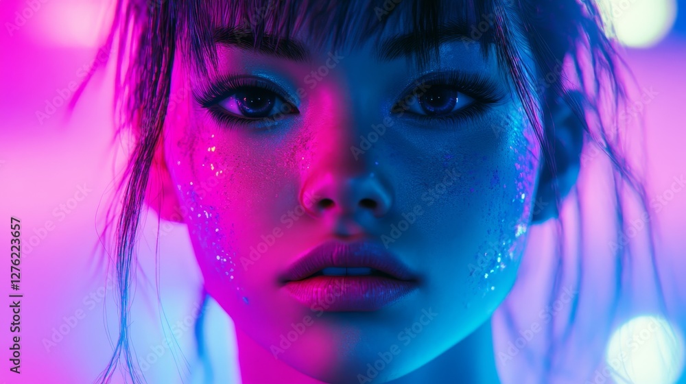 Portrait of a Young Woman with Glitter under Neon Lights Portrait of a Young Woman with Glitter under Neon Lights