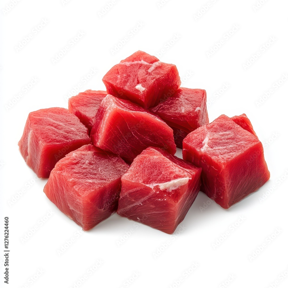 Fresh, raw beef cubes isolated on white background, perfect for culinary and food blogs. Fresh, raw beef cubes isolated on white background, perfect for culinary and food blogs.
