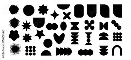 Brutalist abstract geometric shapes and grids. Brutal contemporary figure star oval spiral flower and other elements. Swiss design aesthetic. Black on white background, vector
 photo