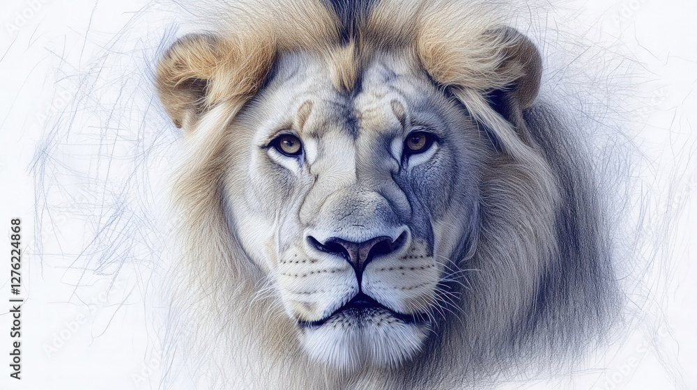 Majestic white lion portrait, sketched background, wildlife conservation Majestic white lion portrait, sketched background, wildlife conservation