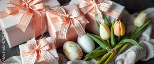Celebratory pastel gifts with ribbon, tulips, and decorated eggs for a special occasion arrangement.