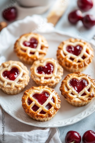 Wallpaper Mural Delicious cherry mini pies with heart-shaped lattice topping on white plate Torontodigital.ca