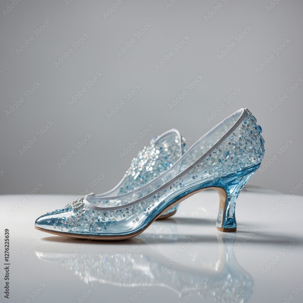 Obraz premium A pair of glass-inspired Cinderella slippers with shimmering effects, beautifully showcased on a white background.
