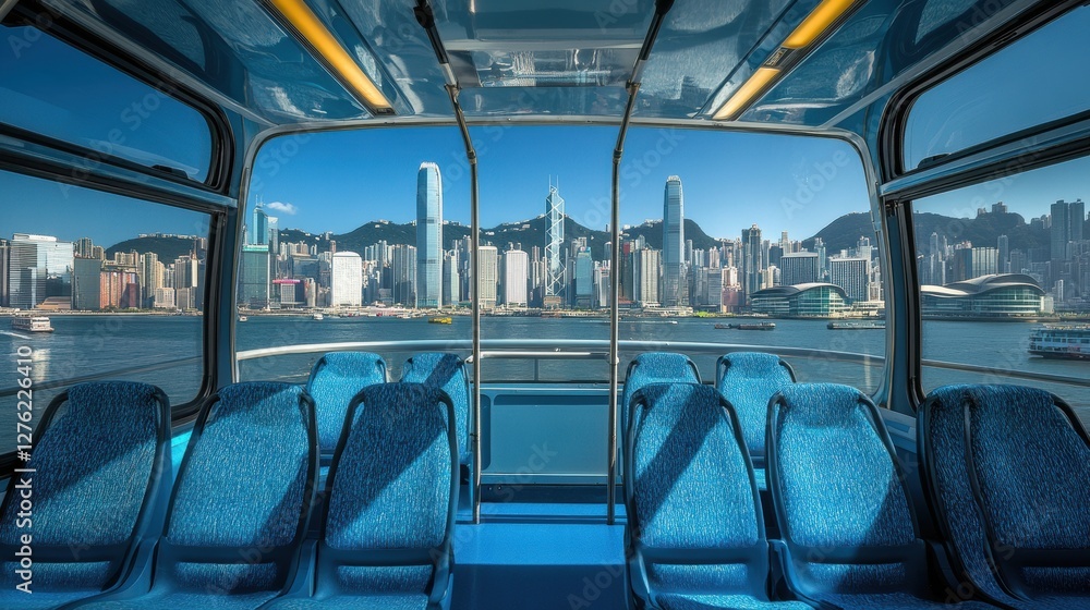 Fototapeta premium Stunning View of Hong Kong Skyline from Double-Decker Bus Interior