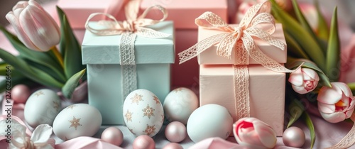 Pastel gifts and eggs with tulips create a spring holiday scene in soft lighting and gentle colors.