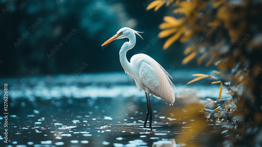 Naklejka premium Elegant white egret wading in calm water, surrounded by lush greenery.