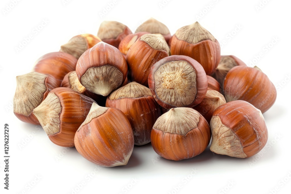 Close-up of hazelnuts on solid white background. Artificial intelligence image Close-up of hazelnuts on solid white background. Artificial intelligence image
