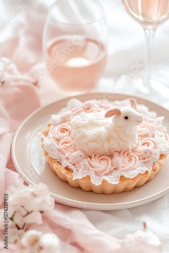 Elegant dessert tart with lamb decoration and rose wine setting for spring celebrations photo