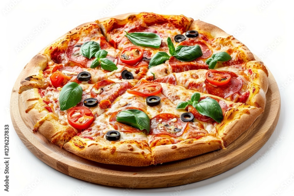 Fresh pepperoni pizza with basil on white background. Artificial intelligence image Fresh pepperoni pizza with basil on white background. Artificial intelligence image