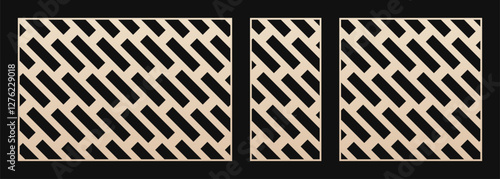 Laser cut patterns. Vector template with abstract geometric ornament, paving stones texture, brick wall, diagonal lines grid. Stencil for CNC cutting of wood, metal, paper. Aspect ratio 3:2, 1:2, 1:1