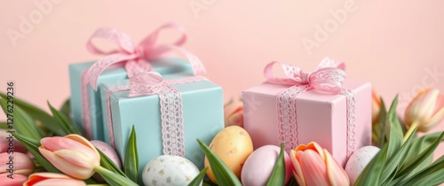 Delicate gifts with pastel ribbons and Easter eggs nestled among vibrant tulips, spring celebration.