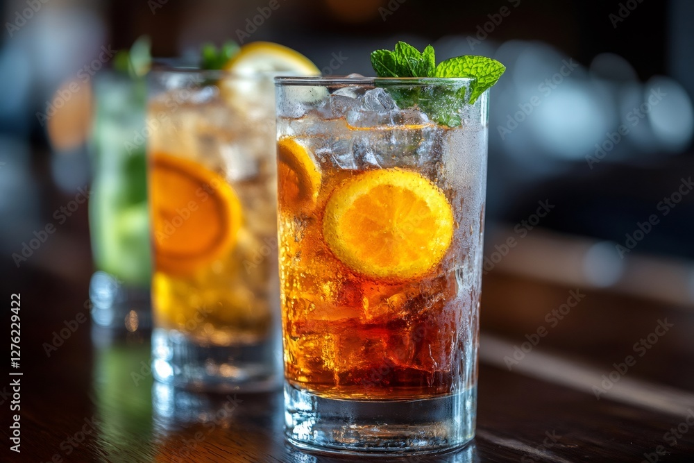Refreshing cocktails sitting on bar with ice, mint, and citrus Refreshing cocktails sitting on bar with ice, mint, and citrus