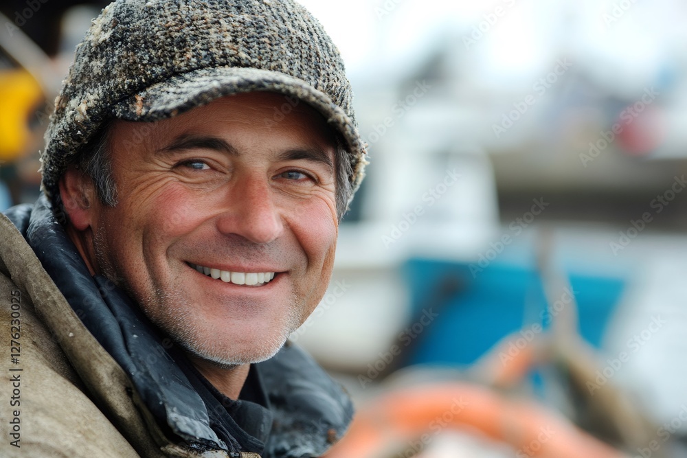 Smiling fisherman wearing cap at the port Smiling fisherman wearing cap at the port