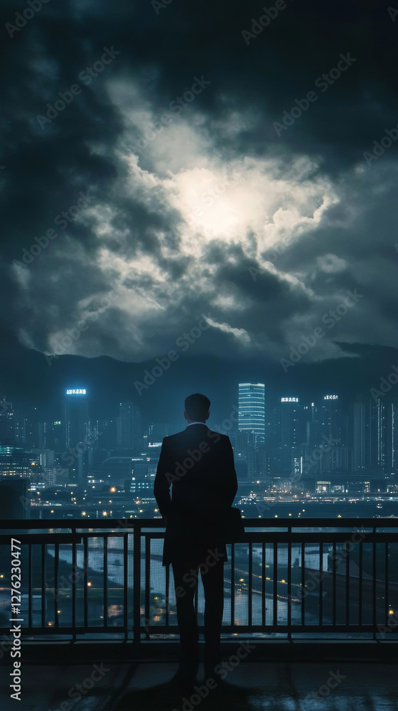 Fototapeta premium silhouette of man standing on bridge overlooking cityscape under dramatic stormy sky.