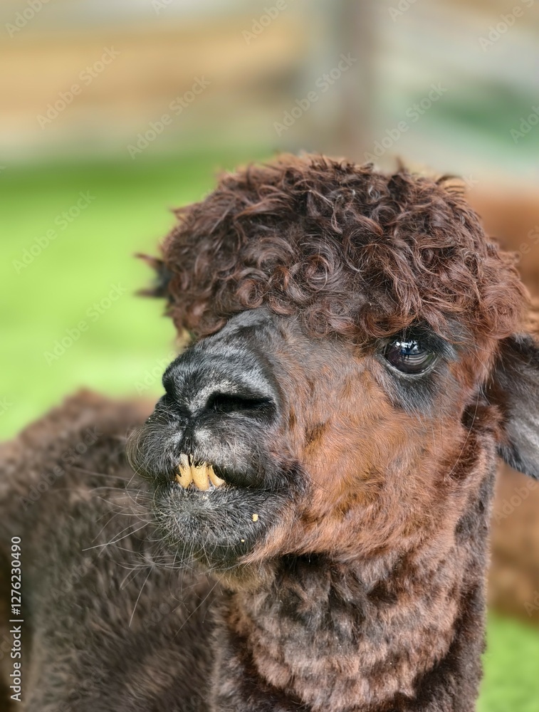 Toothy Brown Alpaca Looking Adorable in a Close-Up Farmyard Portrait Toothy Brown Alpaca Looking Adorable in a Close-Up Farmyard Portrait