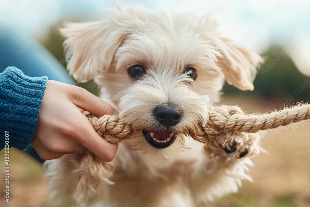 Cute white puppy biting a rope playing with owner outdoors Cute white puppy biting a rope playing with owner outdoors