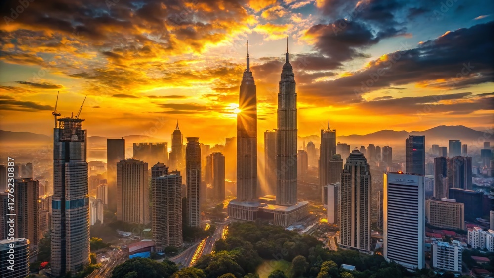 Obraz premium Kuala Lumpur Sunrise Silhouette - Iconic Twin Towers Aerial View
