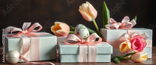 Elegant Easter gifts with pastel ribbons and tulip accents. Perfect for holiday celebrations.