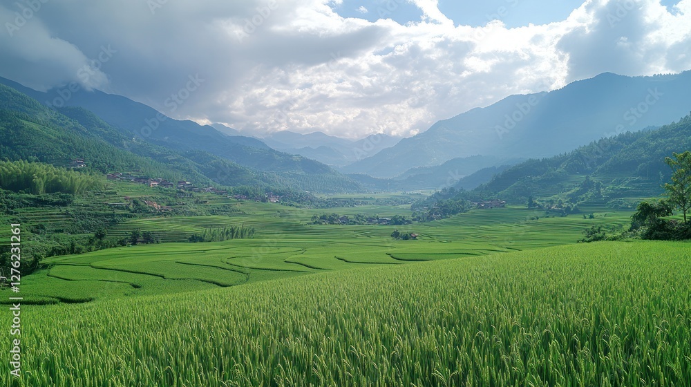 Lush rice terraces, mountain valley, Vietnam, travel poster Lush rice terraces, mountain valley, Vietnam, travel poster