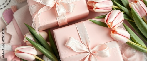 Elegant Gifts: Pink presents with delicate ribbons and fresh tulips, perfect for special occasions.