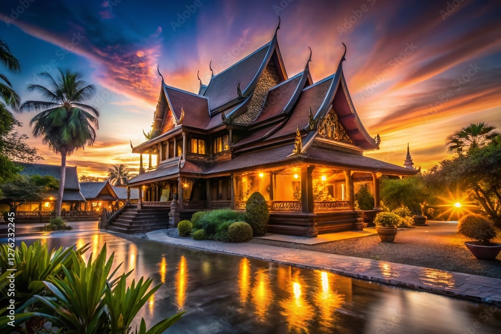 Obraz premium Long Exposure: Serene Thai House at Dusk, Vibrant Colors, Peaceful Scene