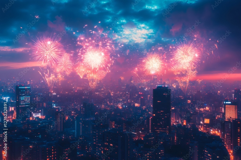 Fototapeta premium Vibrant fireworks illuminating a bustling cityscape