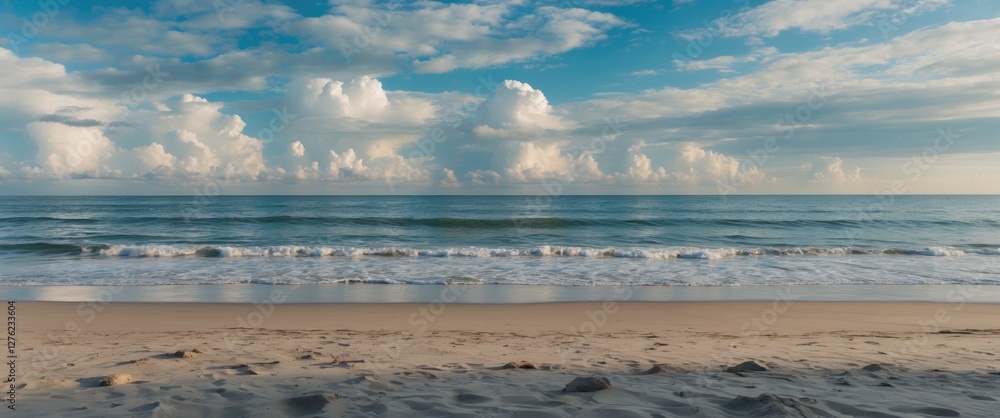 Fototapeta premium Serene Beach Landscape with Gentle Waves and Dramatic Clouds Ideal for Coastal Promotion or Relaxation Themes with Copy Space for Text