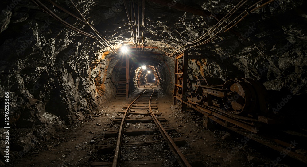 Naklejka premium Exploring a Dark and Mysterious Mine Shaft with Rusty Railroad Tracks