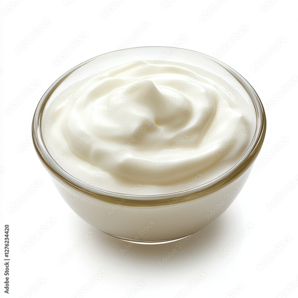 Creamy Yogurt in Glass Bowl, Swirled Texture, Dairy Product. Creamy Yogurt in Glass Bowl, Swirled Texture, Dairy Product.