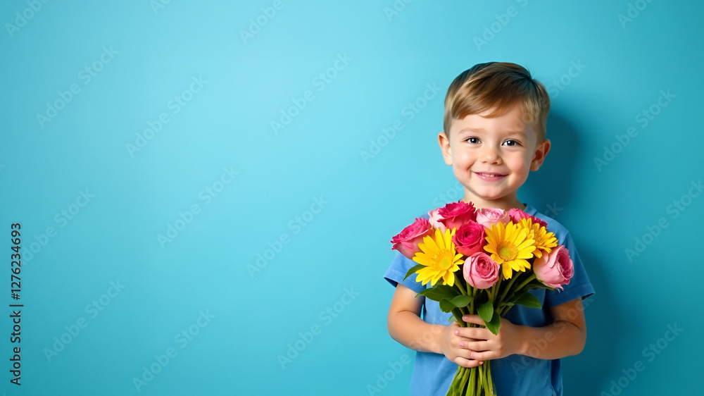 Little boy holding a bouquet of flowers, boy wearing a blue shirt and jeans, blue background, free space on the left, mother's day card. Selective focus, blurred background. Little boy holding a bouquet of flowers, boy wearing a blue shirt and jeans, blue background, free space on the left, mother's day card. Selective focus, blurred background.