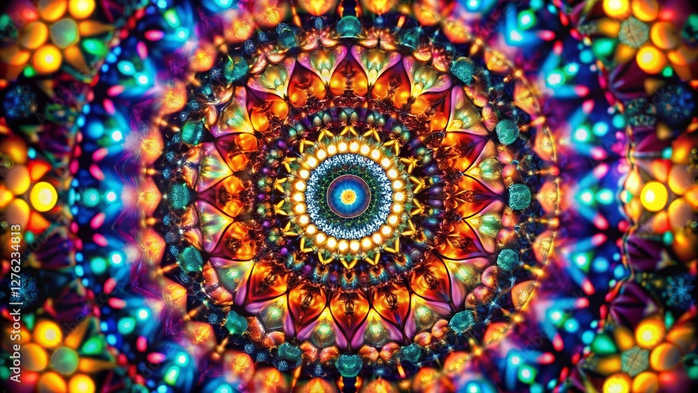 Low Light Kaleidoscope: Abstract Circular Pattern of Multicolored Rhombuses Low Light Kaleidoscope: Abstract Circular Pattern of Multicolored Rhombuses