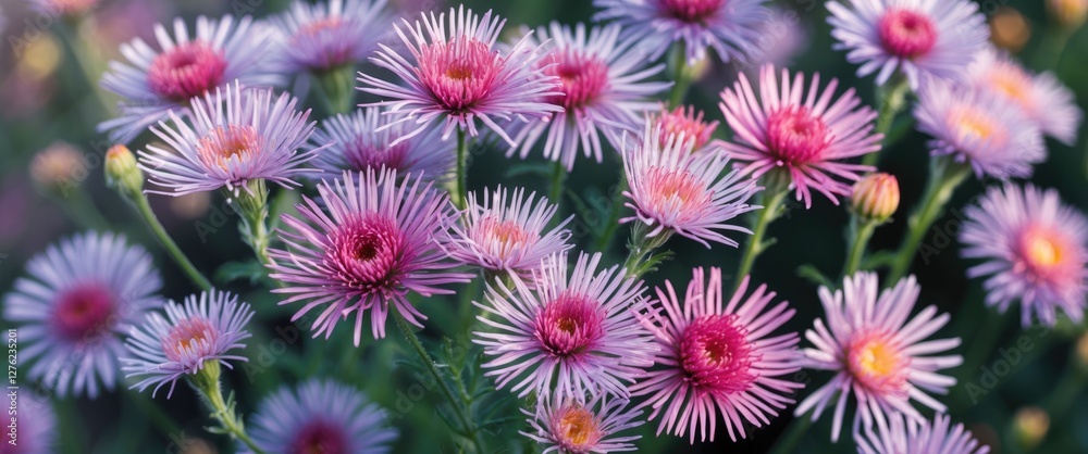 Vibrant Aster Flowers in Pink and Purple Hues with Green Foliage on a Soft Focus Background Vibrant Aster Flowers in Pink and Purple Hues with Green Foliage on a Soft Focus Background