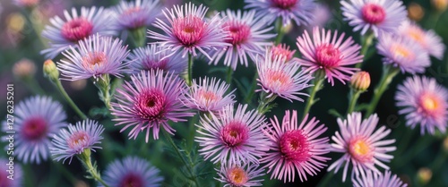 Vibrant Aster Flowers in Pink and Purple Hues with Green Foliage on a Soft Focus Background