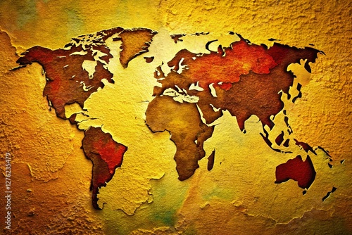 Low Light World Map on Yellow Wall - Glowing Globe Stock Photo