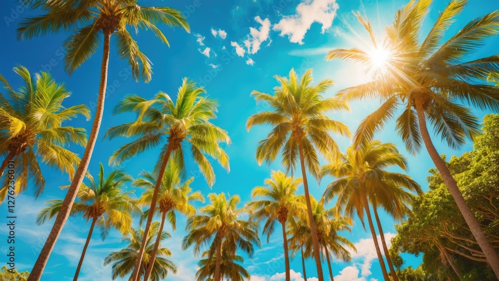 Fototapeta premium Tropical Paradise with Lush Palm Trees Against Bright Blue Sky and Sun Flare Creating a Serene Vacation Atmosphere
